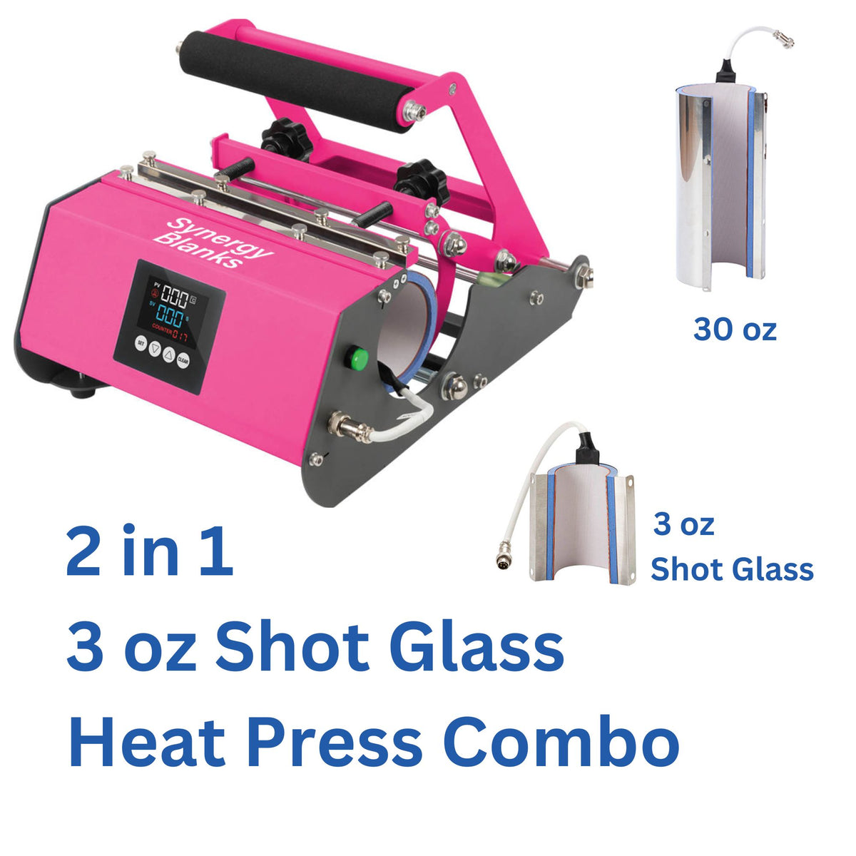 Synergy Blanks 3 oz Shot Glass & 20, 30, 16 oz Tumbler Heat Press - Bright Pink