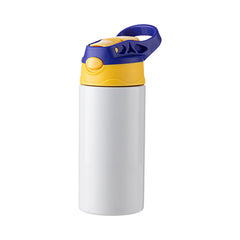 12 oz Kids Stainless Steel Water Bottle Sublimation Blank - White w/ Blue & Yellow Cap